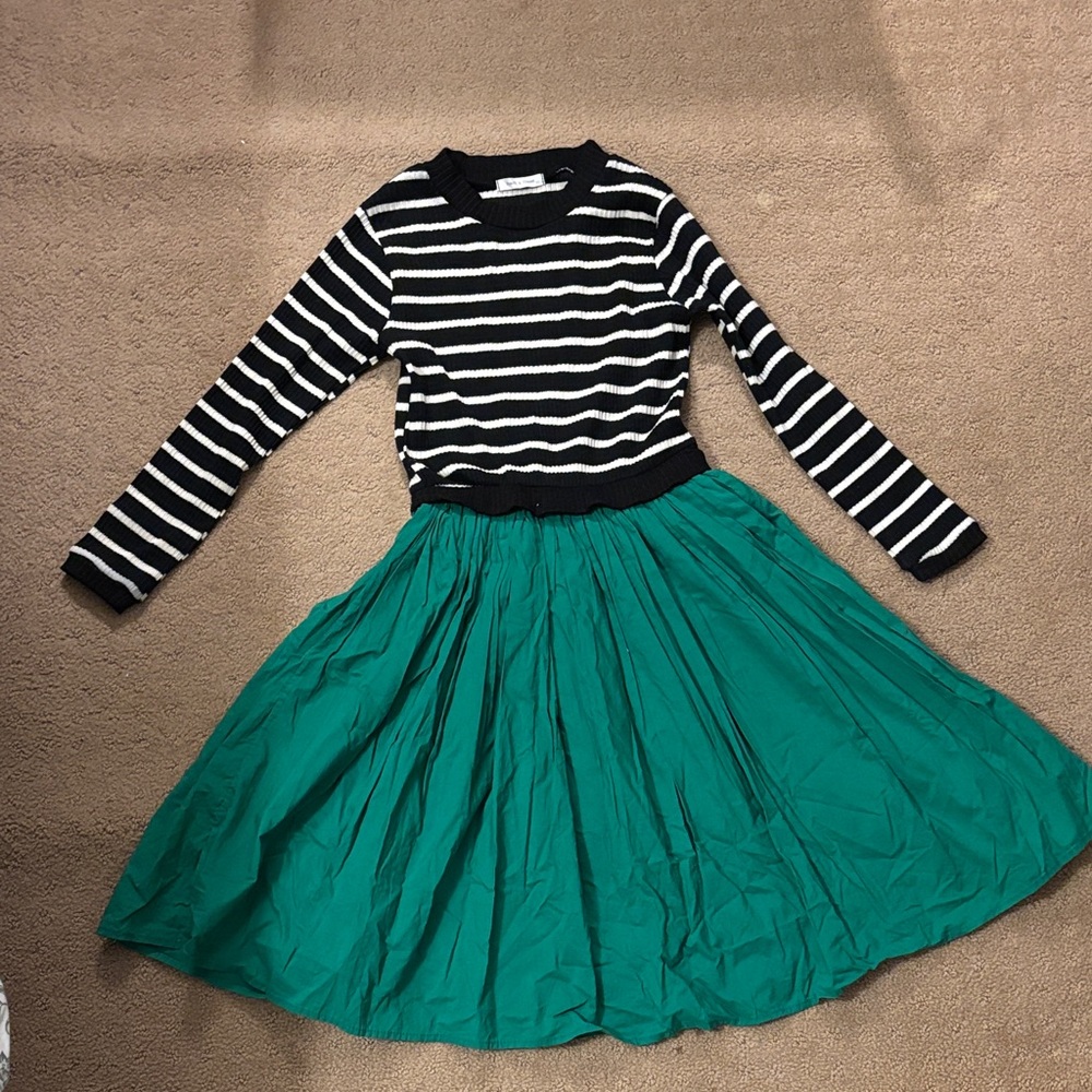 Chic Black and White Striped Top with Vibrant Green Skirt Kids Dress